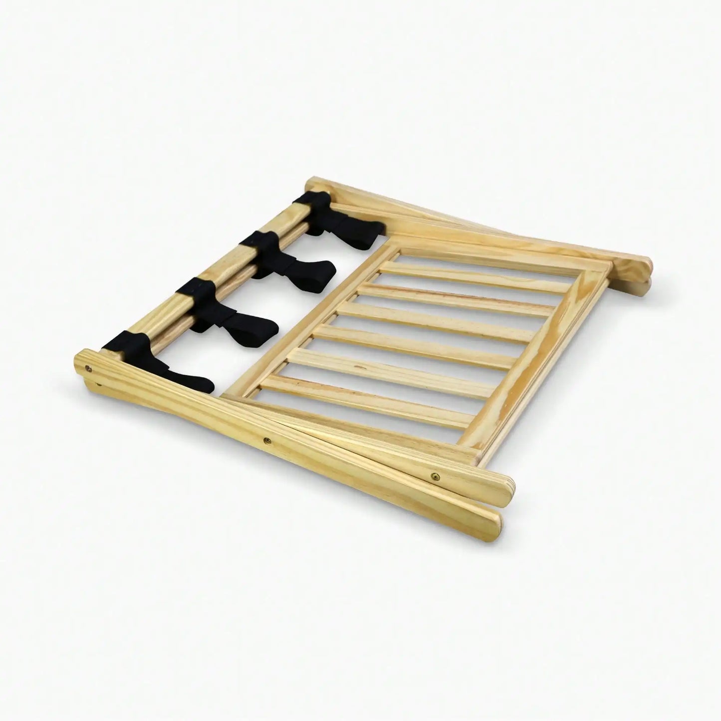 Solid Wood Folding Luggage Rack with Heavy Duty Straps and Storage Shelves
