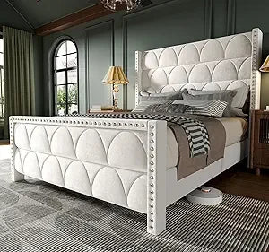 Queen Size Velvet Upholstered Wingback Bed Frame with 56 Inch Headboard