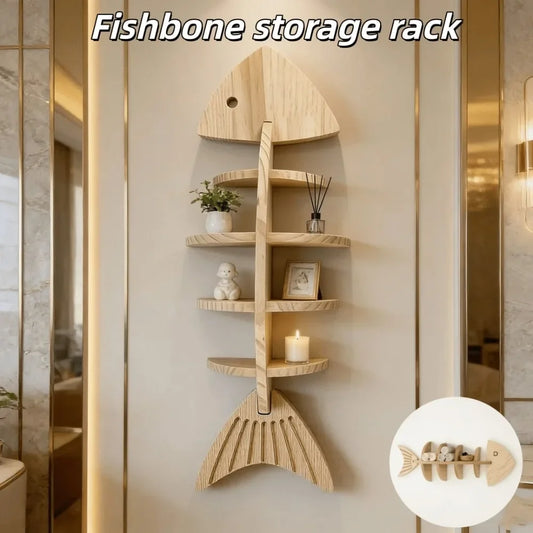 Wooden Fishbone Wall Shelf Storage Rack for Bathroom Decor