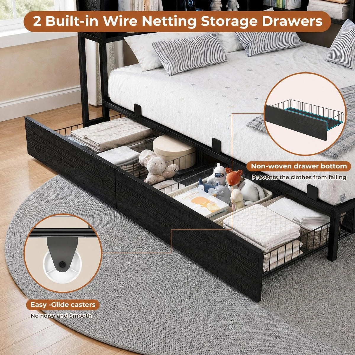 HiMISS Corner Bed Frame Bookcase Headboard And LED Lights