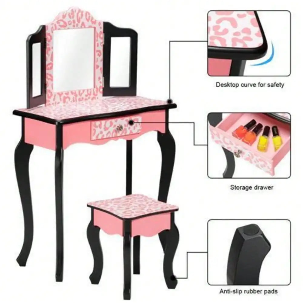 Pretend Play Vanity Table and Chair Set with Tri-Folding Mirror and Storage