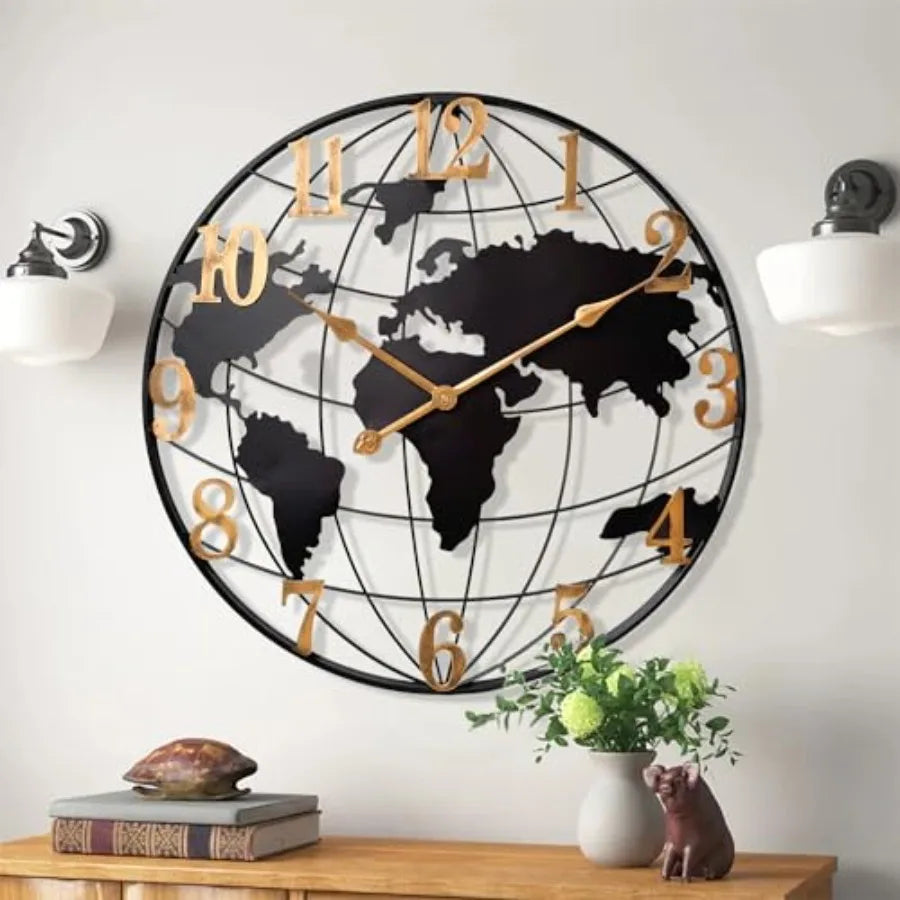 World Map Wall Clock Metal Minimalist Modern Silent Battery