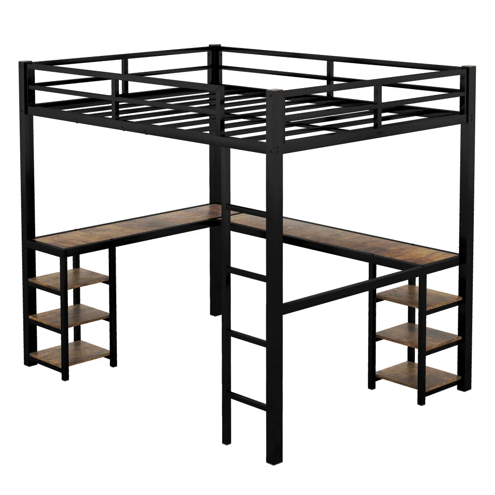 Hign Concerned Metal Loft Bed With Desk And Shelves