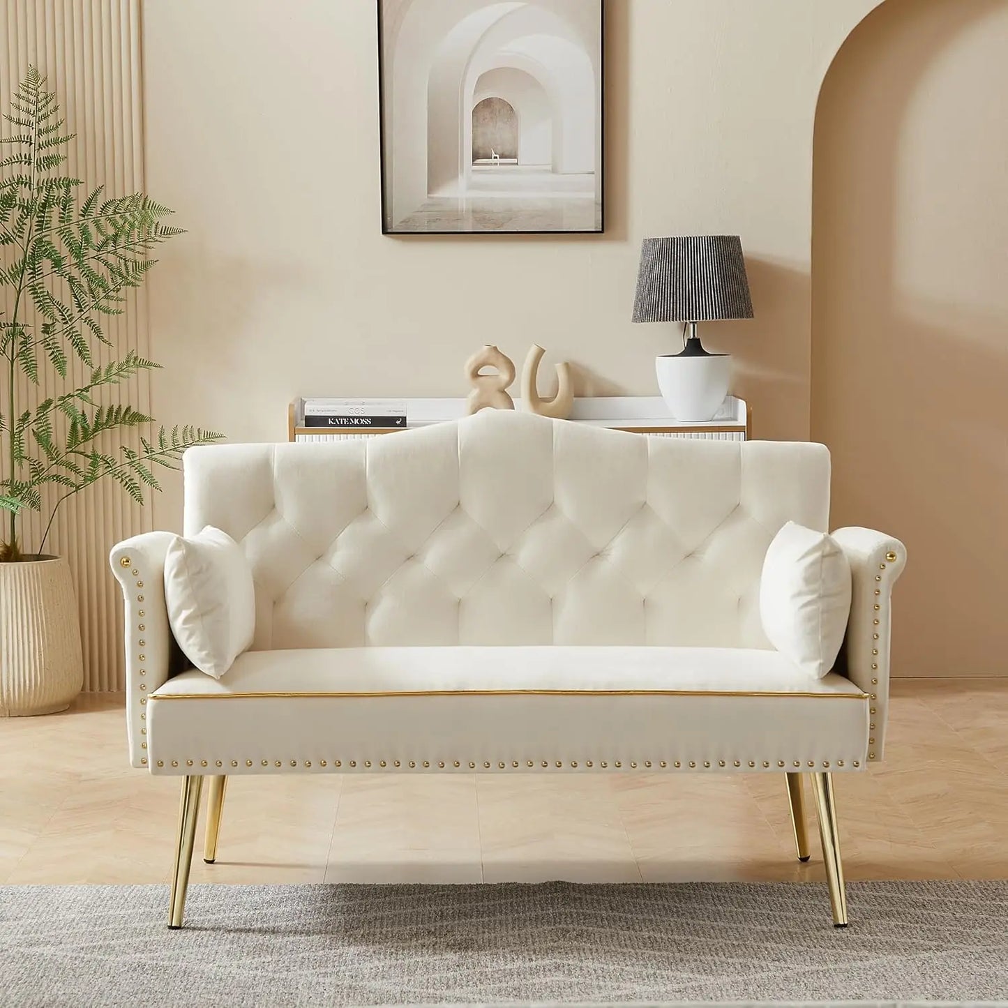 Velvet Loveseat With Gold Metal Legs And Tufted Back