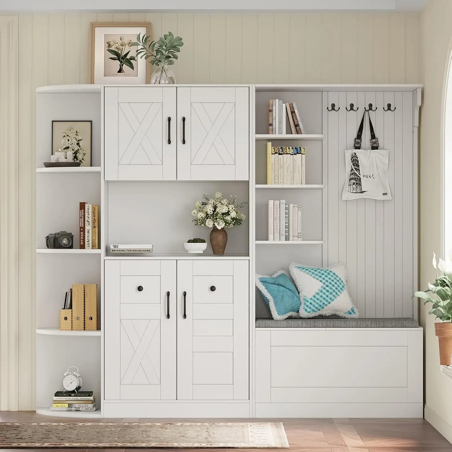 Hall Tree Storage Bench With Hooks And Shoe Organizer Cabinet Mudroom Furniture