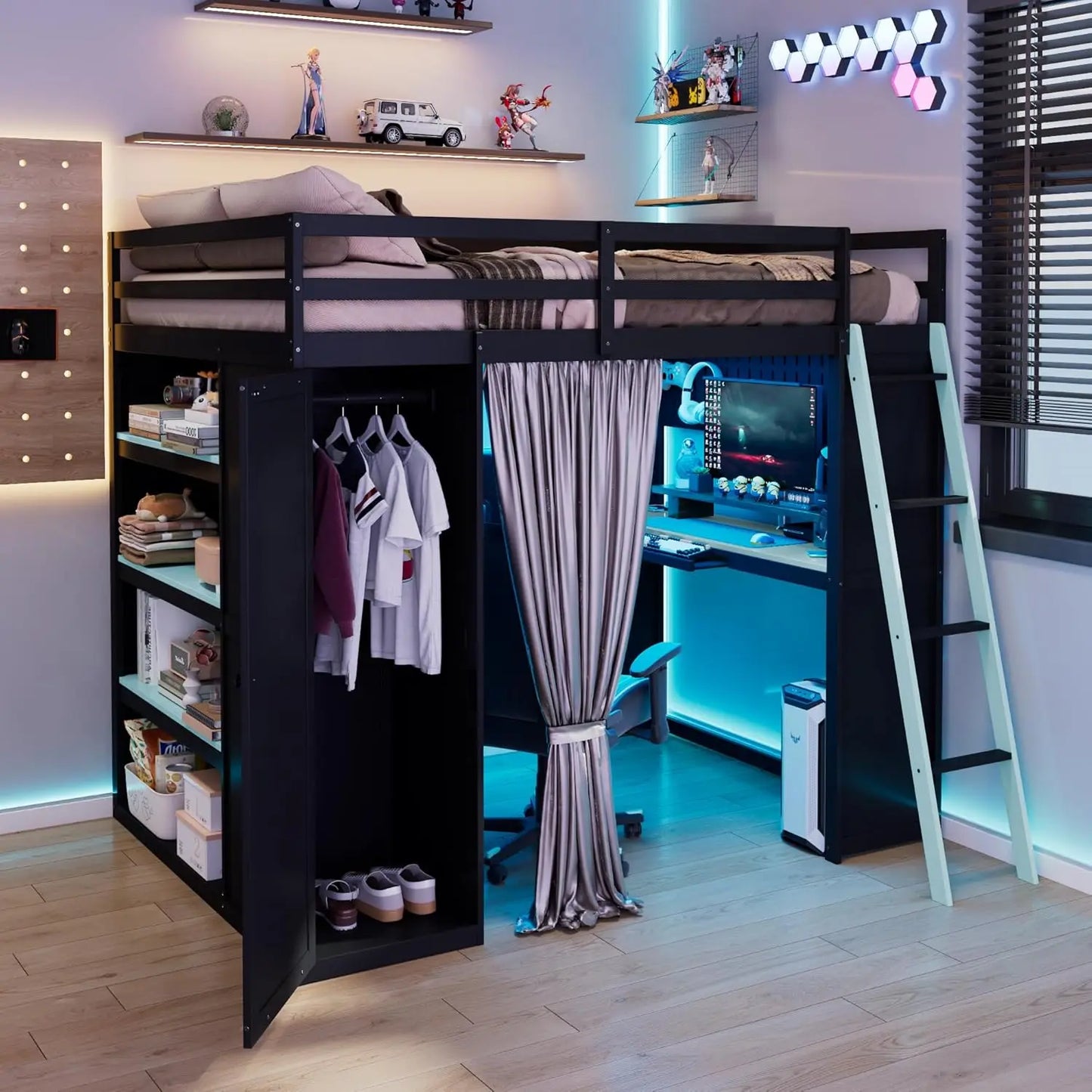 Wood Gaming Loft Bed With Desk Storage LED ChargingStation