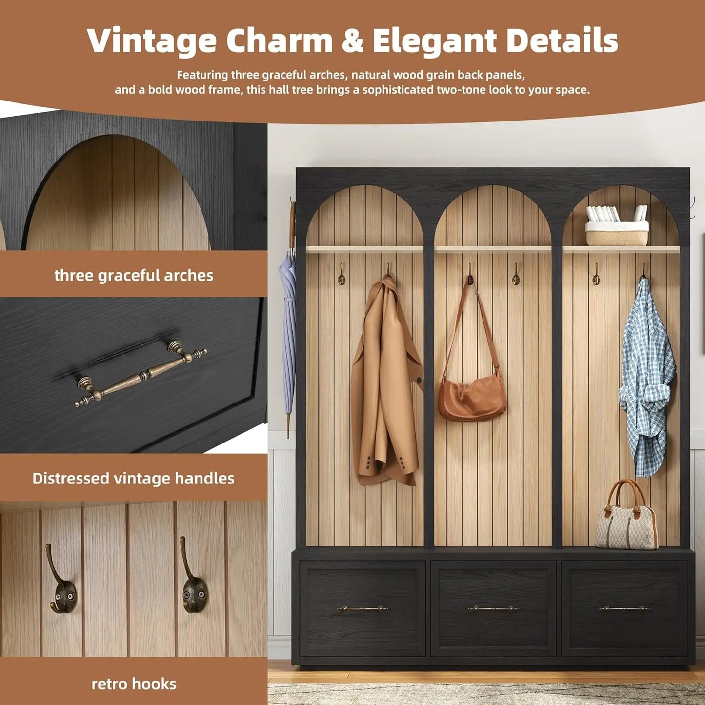 Wood Hall Tree With Eight Hooks Shoe Bench And Three Drawers Mudroom Organizer