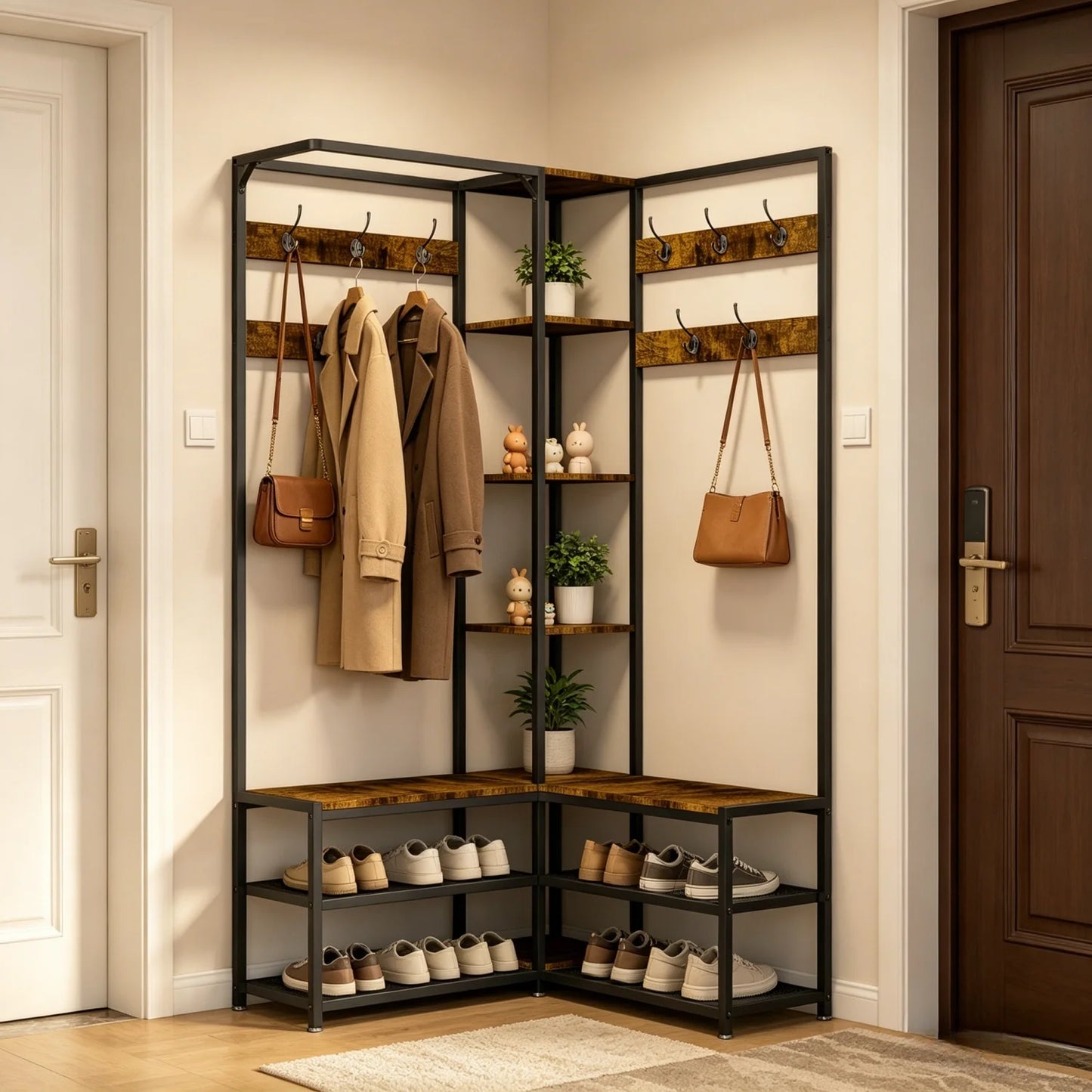 Tall Hall Tree With Shoe Rack Bench And 10 Hooks Entryway Organizer