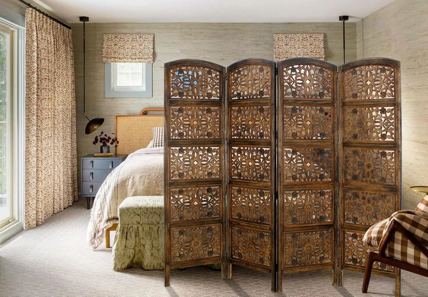 Hand Carved Wood Room Divider Screen Portable Privacy Partition