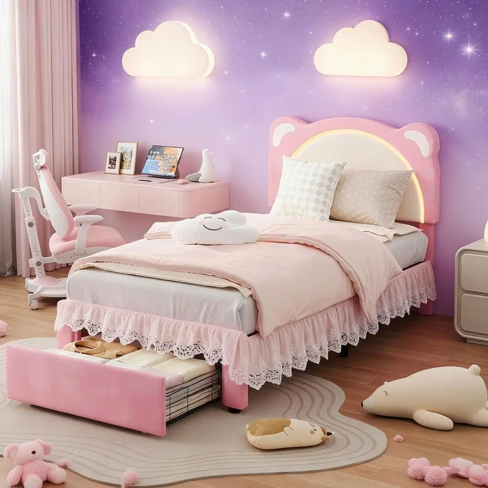 Twin LED Bed Frame With Storage And Bear Headboard