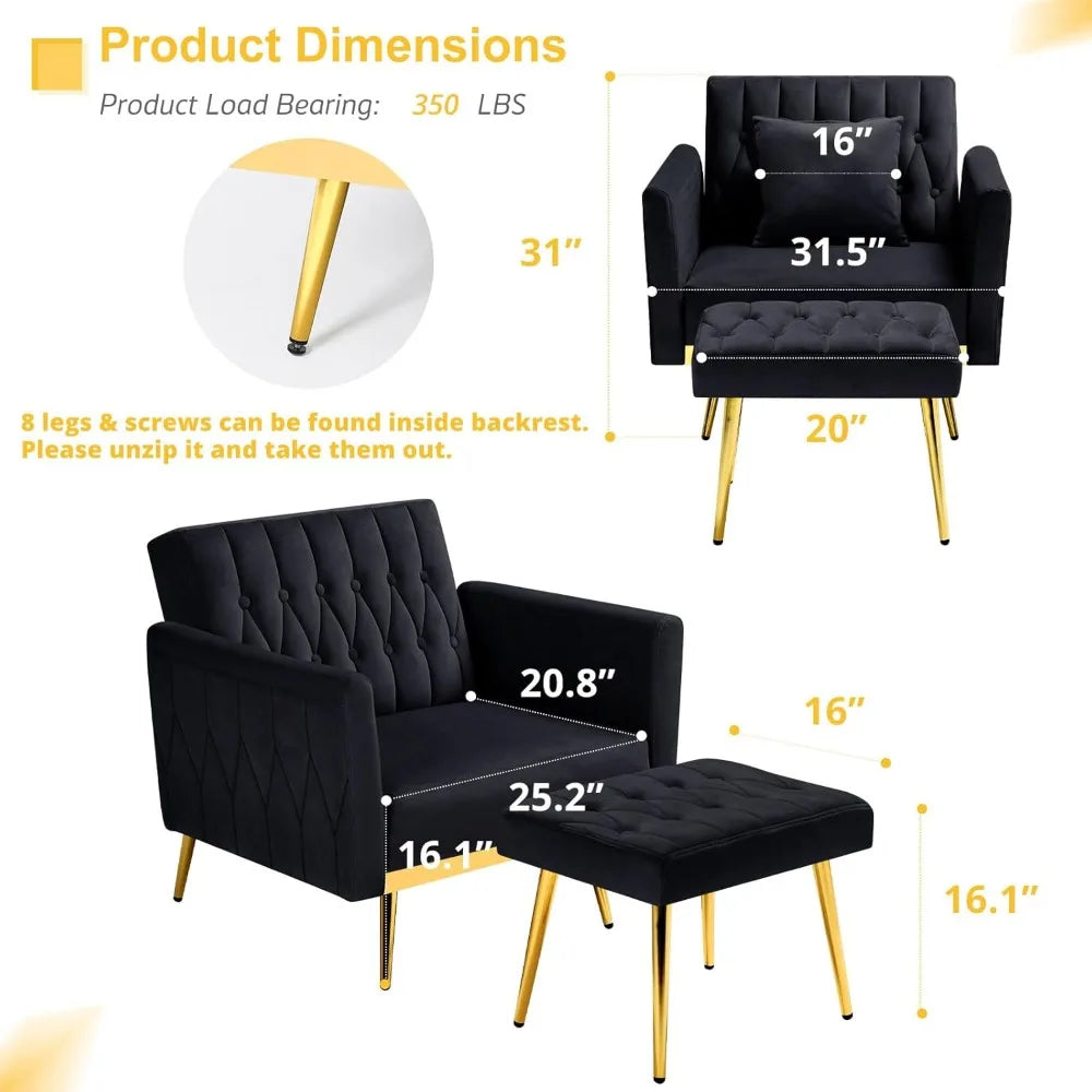 Velvet Accent Chair with Adjustable Armrests Tufted Back and Ottoman