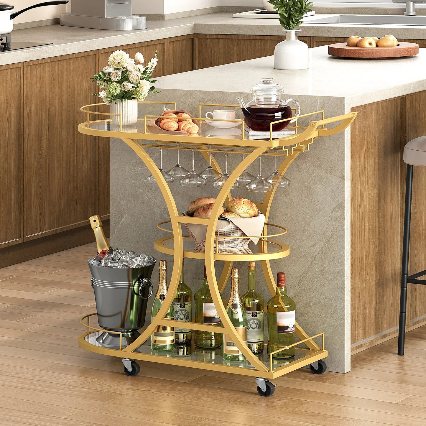 HOOBRO Bar Cart with Wheels and Tempered Glass Shelves