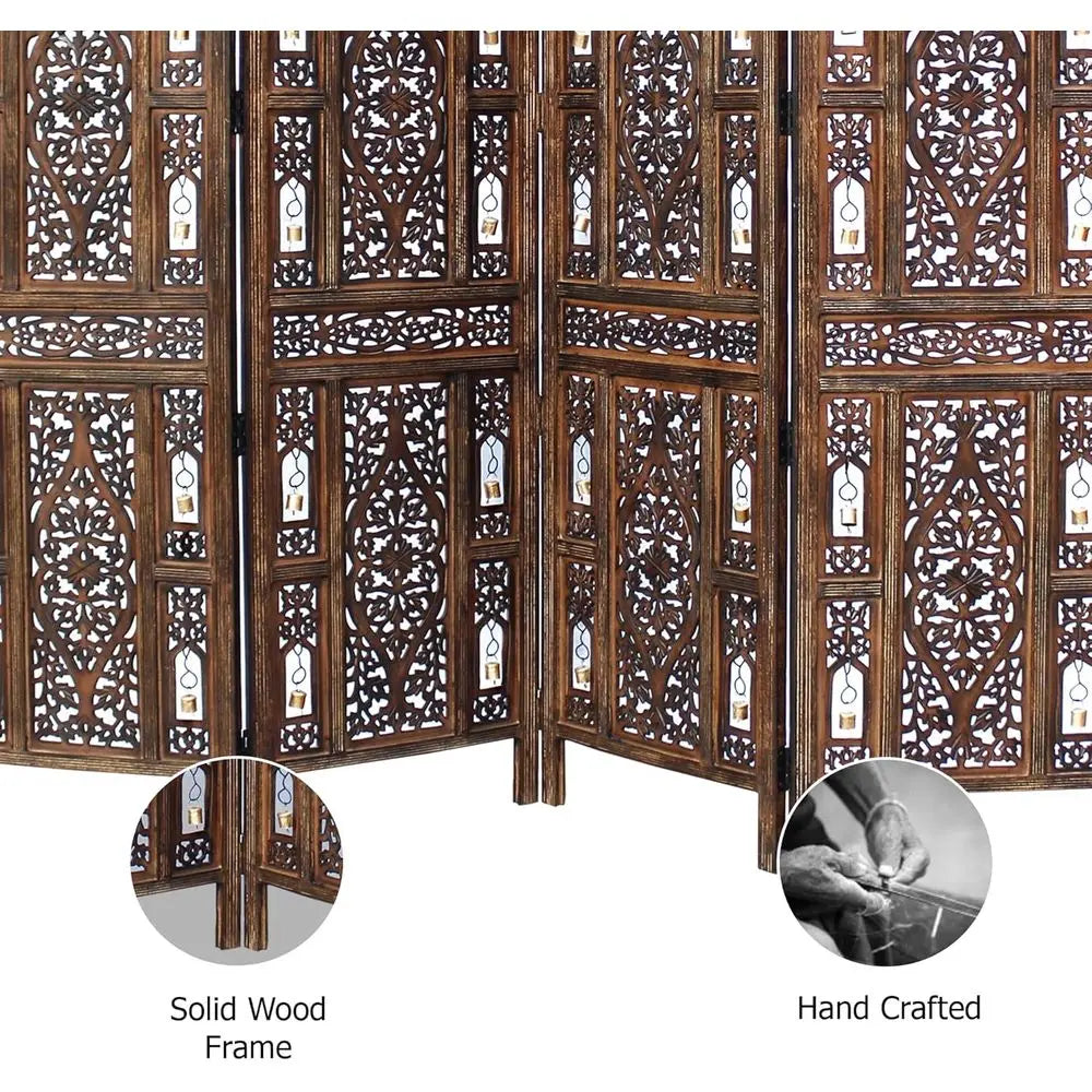 LuxeMerge Room Divider Wood Screen Ghanti Bells Four Panel