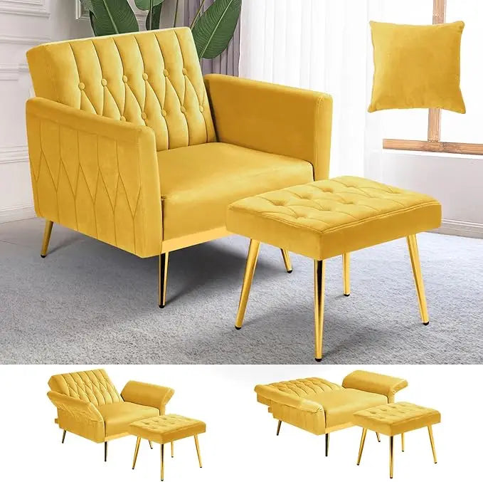 Velvet Accent Chair with Adjustable Armrests Tufted Back and Ottoman
