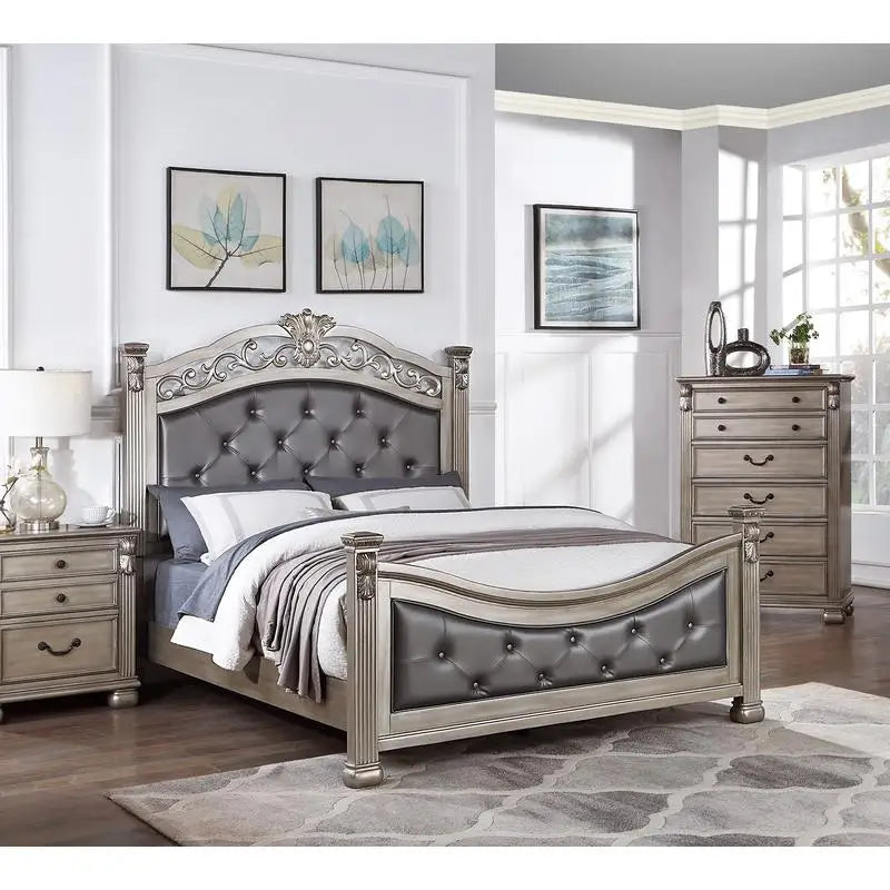 California King Bed With Tufted Faux Leather Headboard