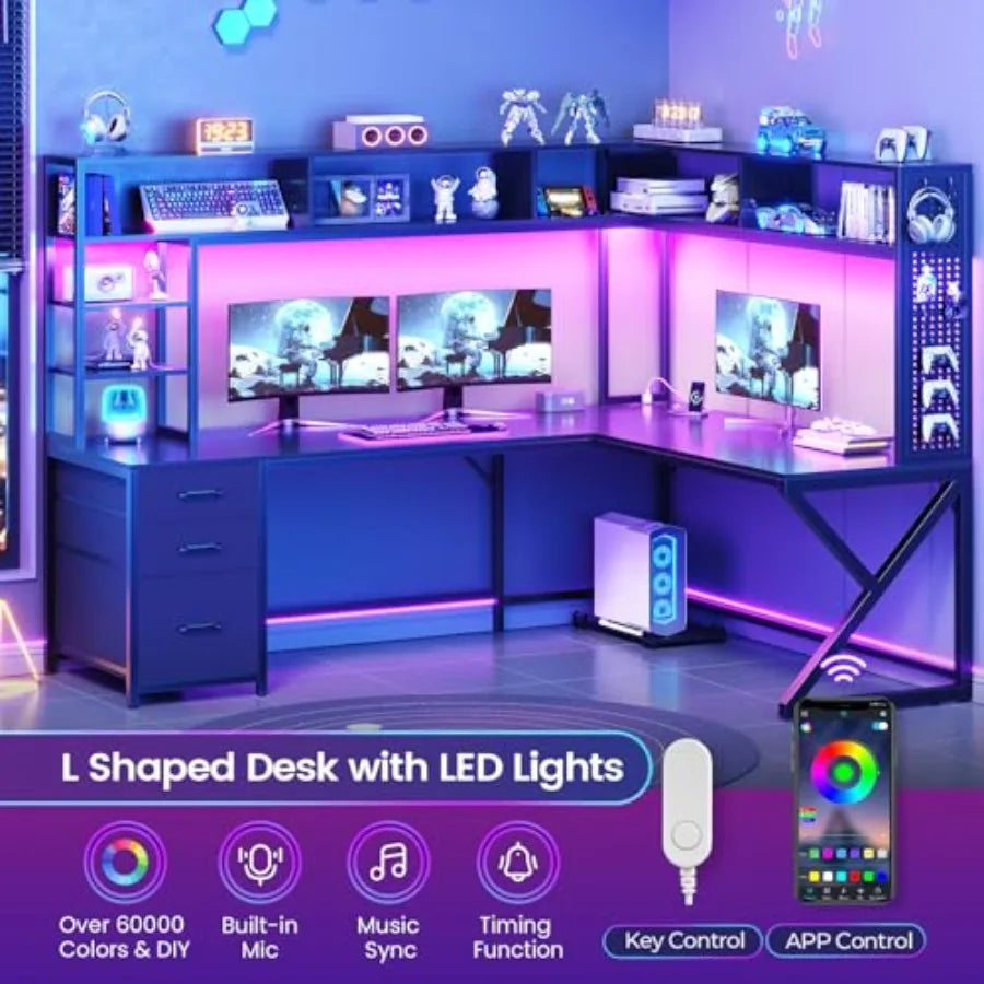 MDNG L Shaped Gaming Desk With Storage Drawers Hutch