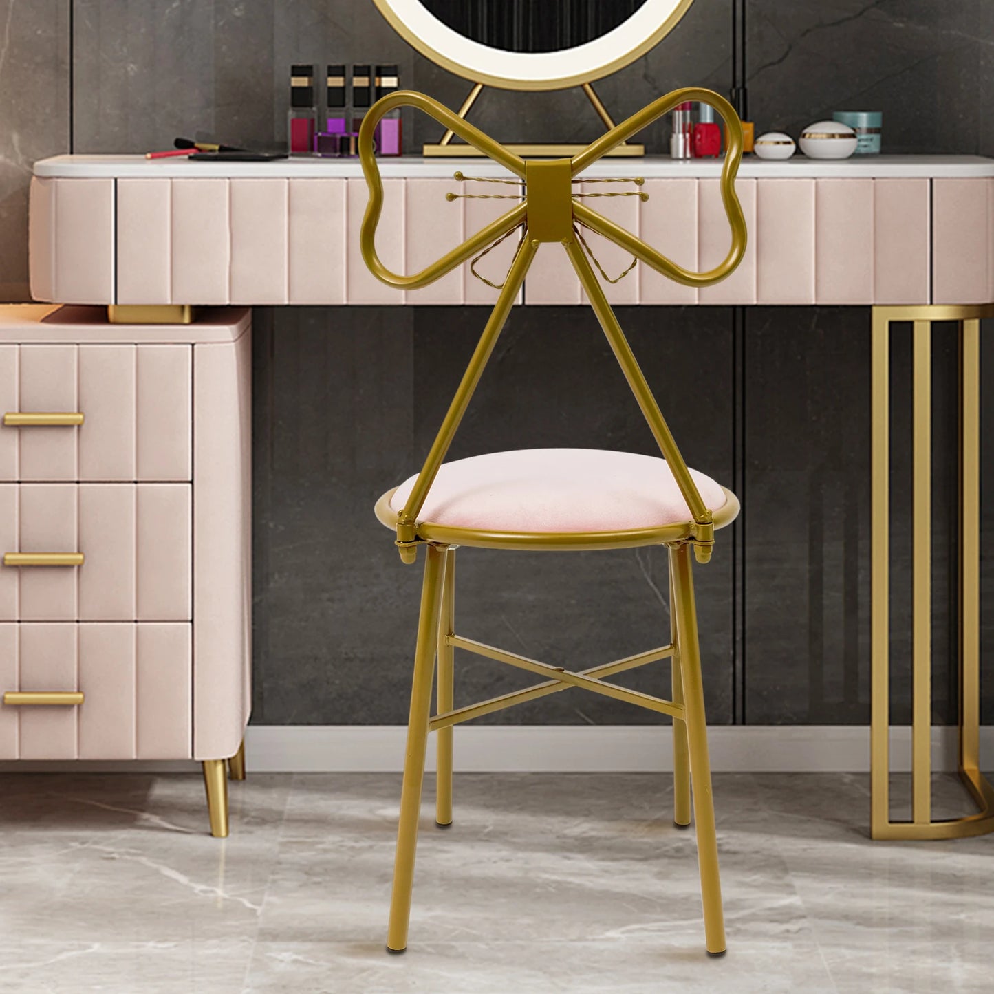 Luxury Minimalist Makeup Vanity Stool with Velvet Cushion in Deep Pink