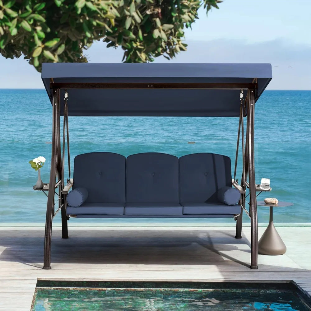 3 Person Outdoor Porch Swing Bed with Adjustable Canopy and Deep Cup Holder