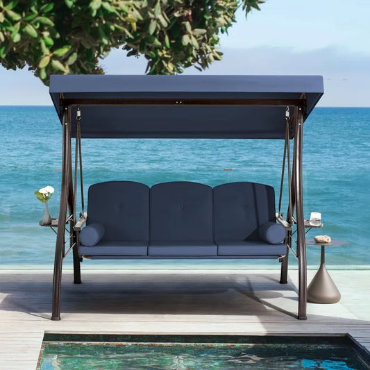 3 Person Outdoor Porch Swing Bed with Adjustable Canopy and Deep Cup Holder