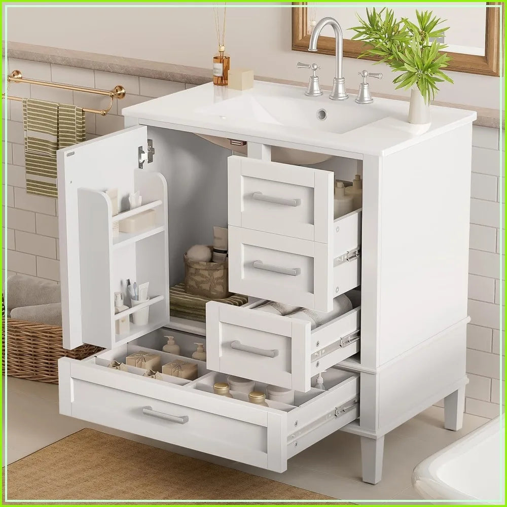 Solid Wood Bathroom Vanity Cabinet With Integrated Sink
