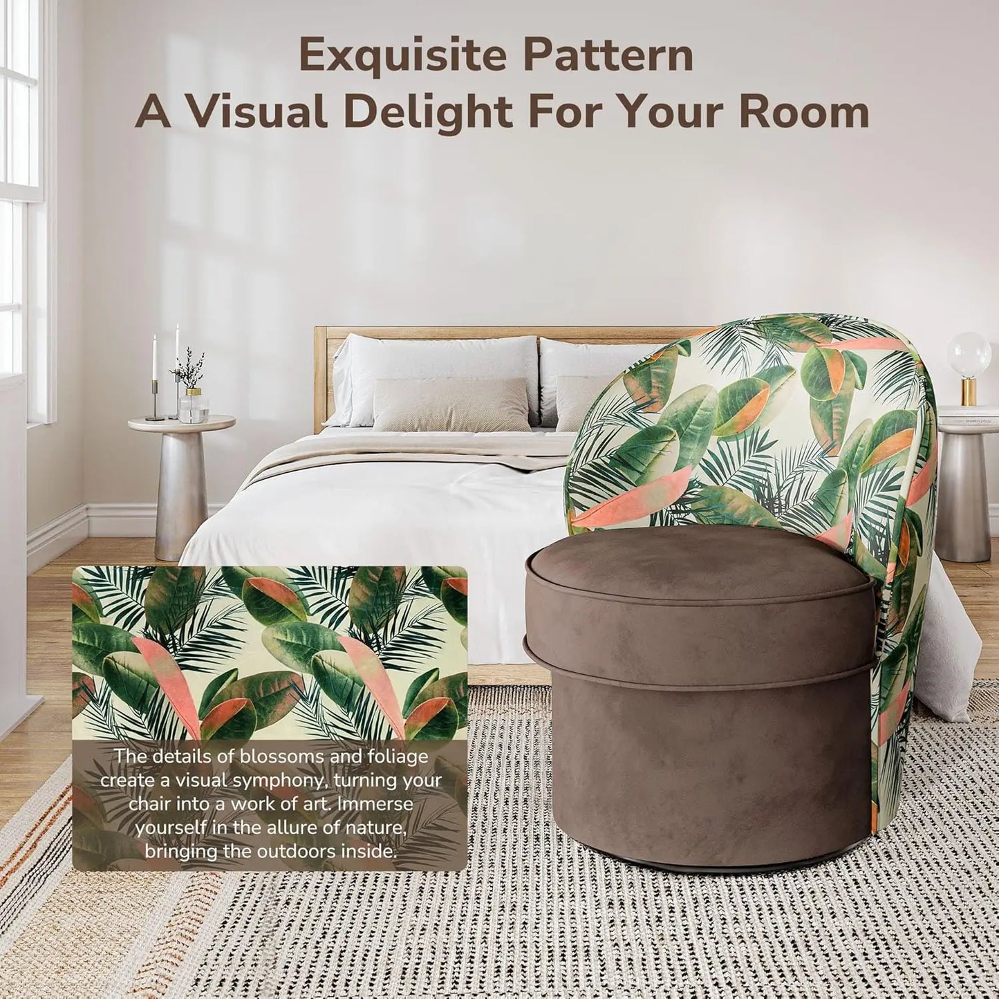 Floral Upholstered 360 Degree Swivel Barrel Chair Living Room