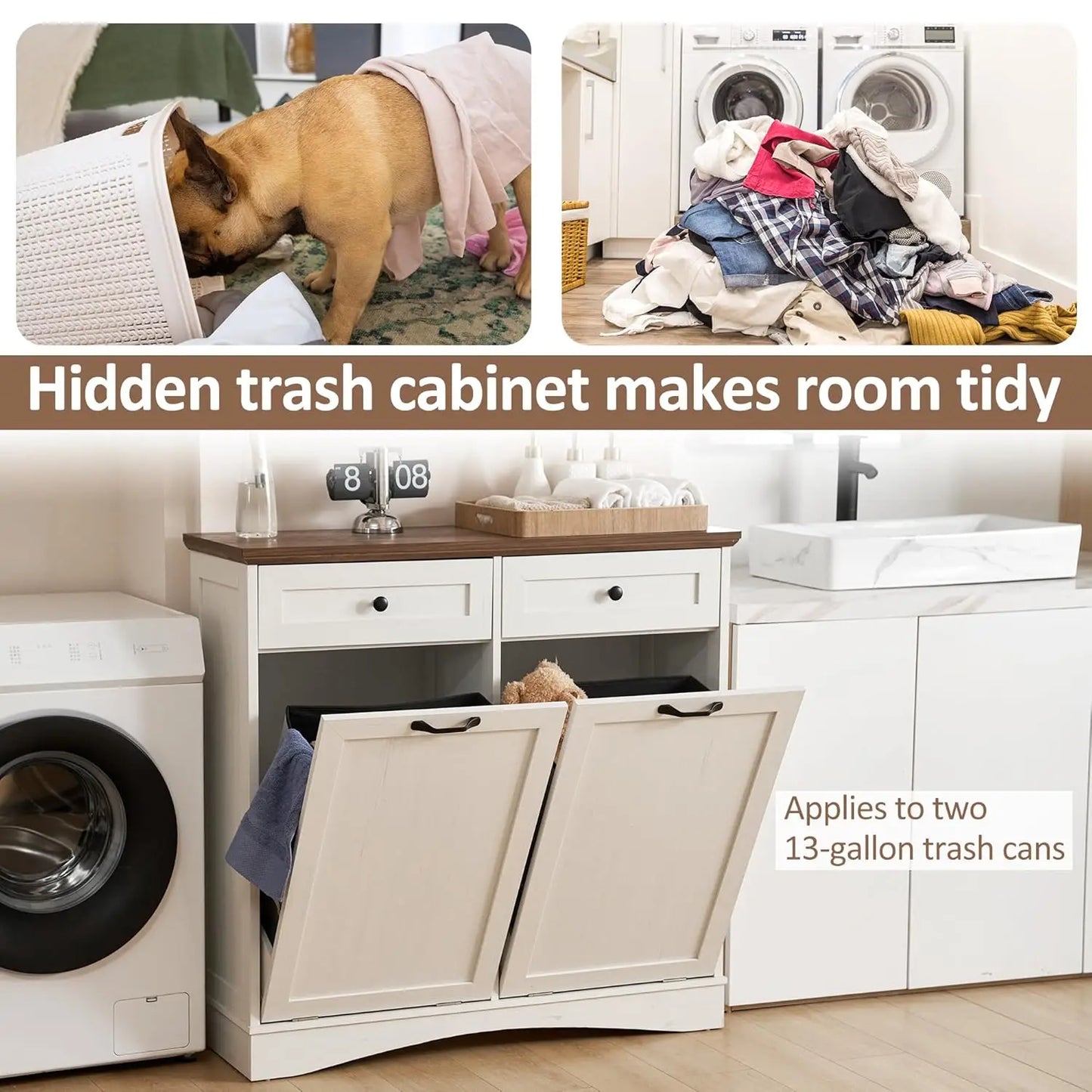 Double Tilt Out Trash Cabinet Freestanding Kitchen Recycling Solution 2x13 Gallons