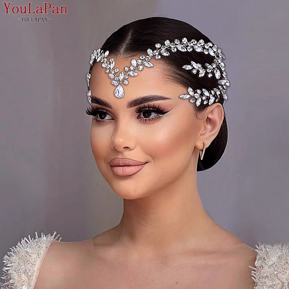 YouLaPan Bride Forehead Rhinestone Headband for Weddings