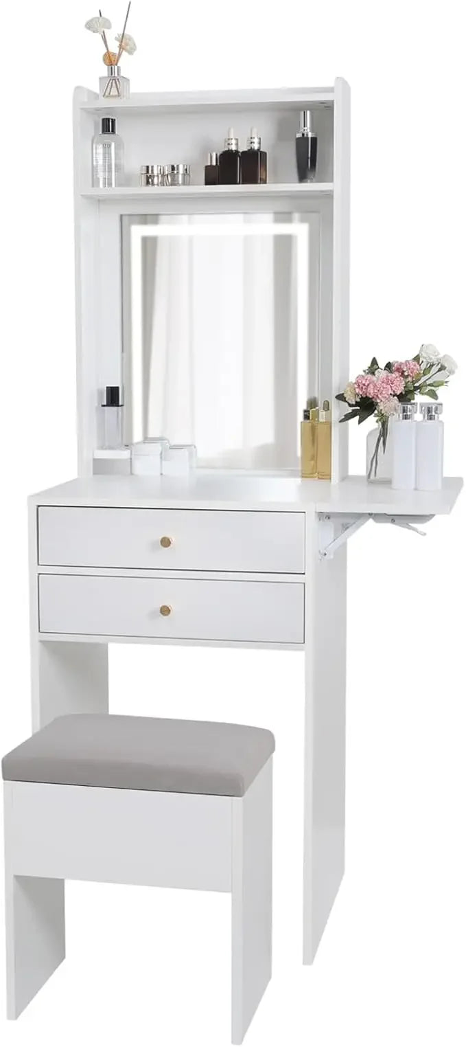 Small Vanity Desk Set with Lighted Mirror and Storage Chair for Small Spaces