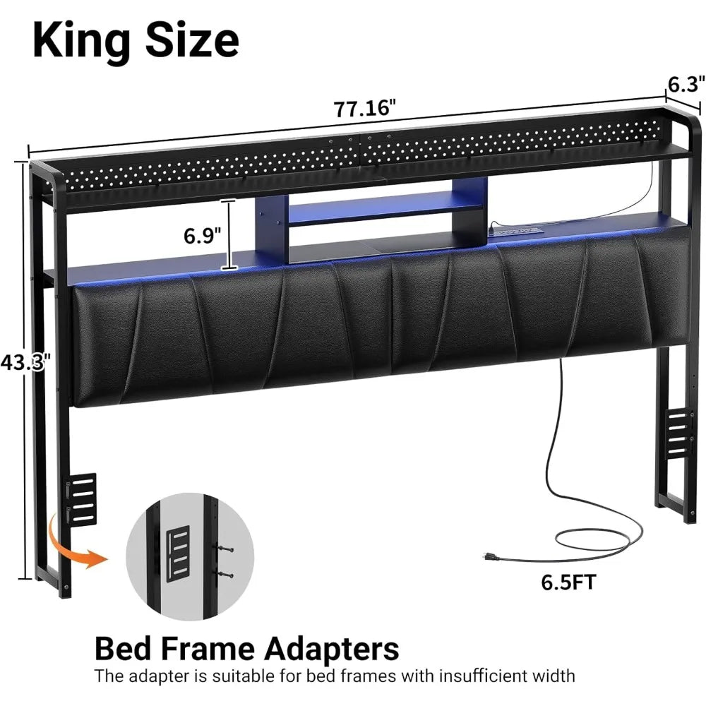 MKDK Bed Frame With Upholstered Headboard USB Outlets LED