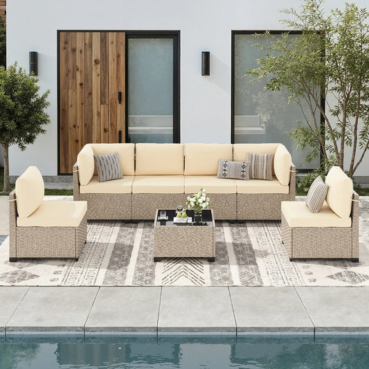 Outdoor Rattan Patio Furniture Set With Tempered Glass Table All Weather