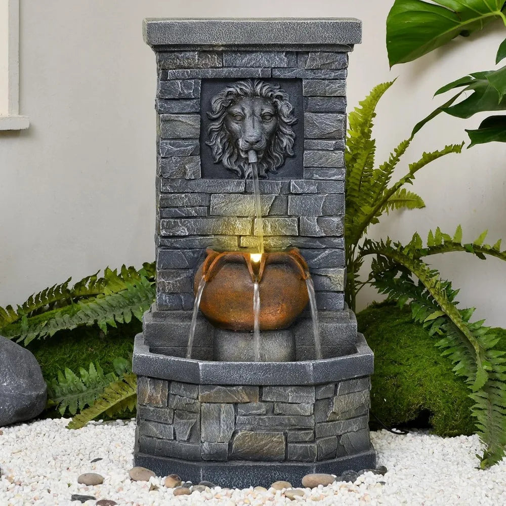 Outdoor Floor Standing Lion Head Water Fountain With Lights
