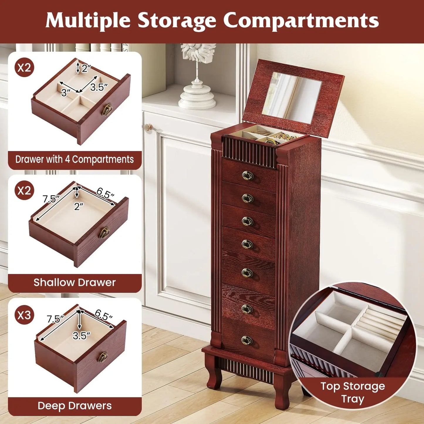 Standing Jewelry Armoire With Mirror Seven Drawers Wooden Cabinet
