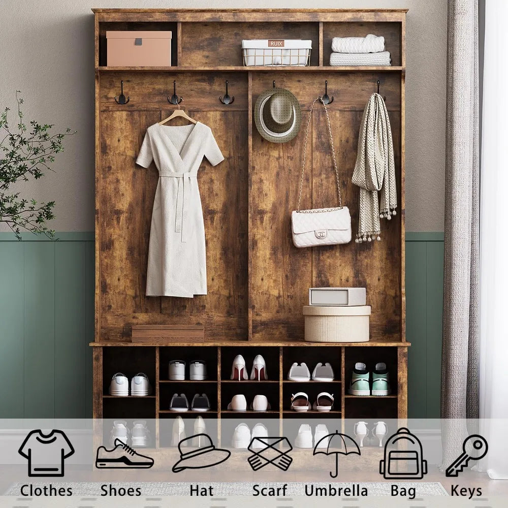Farmhouse Hall Tree With Bench Shoe Storage Coat Rack