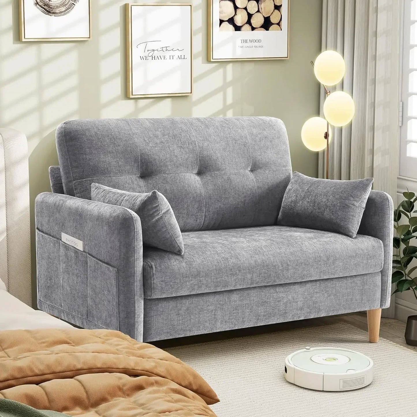 47 Inch Small Chenille Fabric Love Seat Sofa with Throw Pillow for Living Room