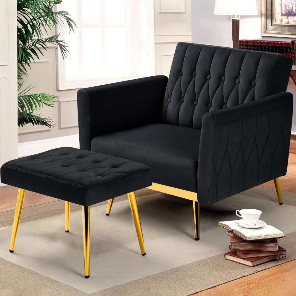 Velvet Accent Chair with Adjustable Armrests Tufted Back and Ottoman