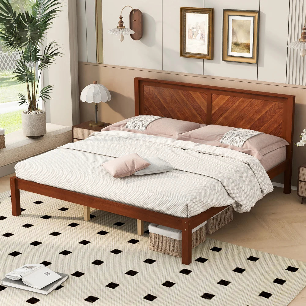 Solid Wood Platform Bed With Herringbone Headboard And Storage