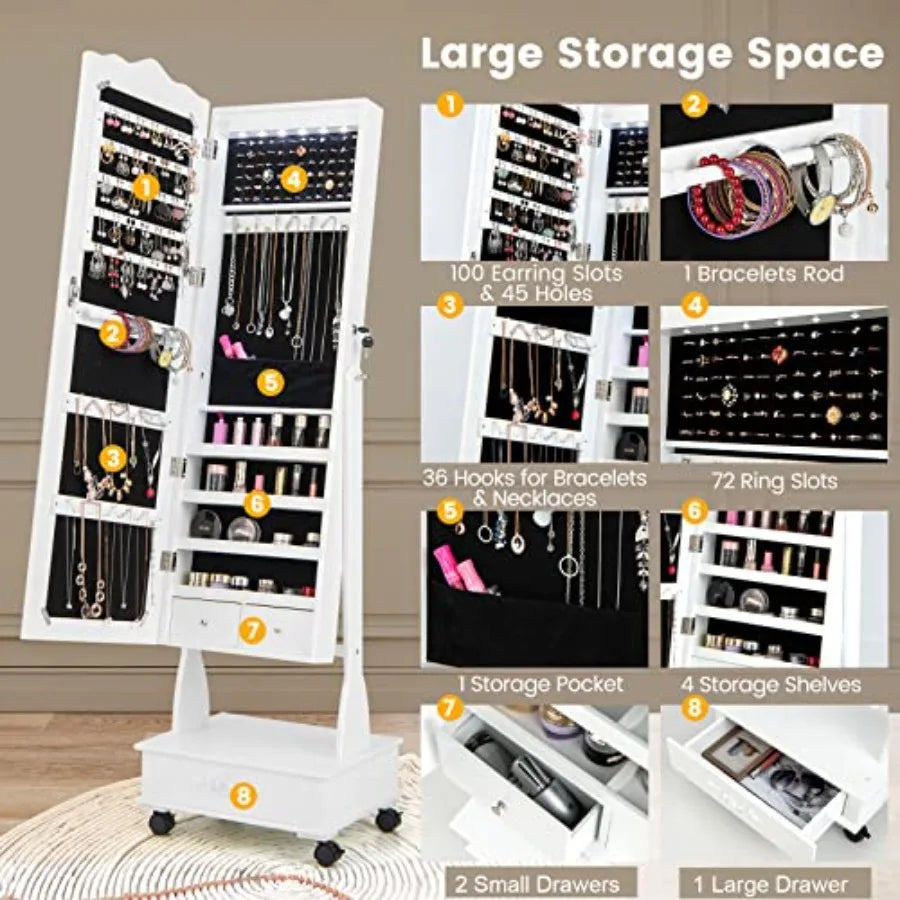 Rolling Jewelry Armoire With Led Lights And Mirror Cabinet