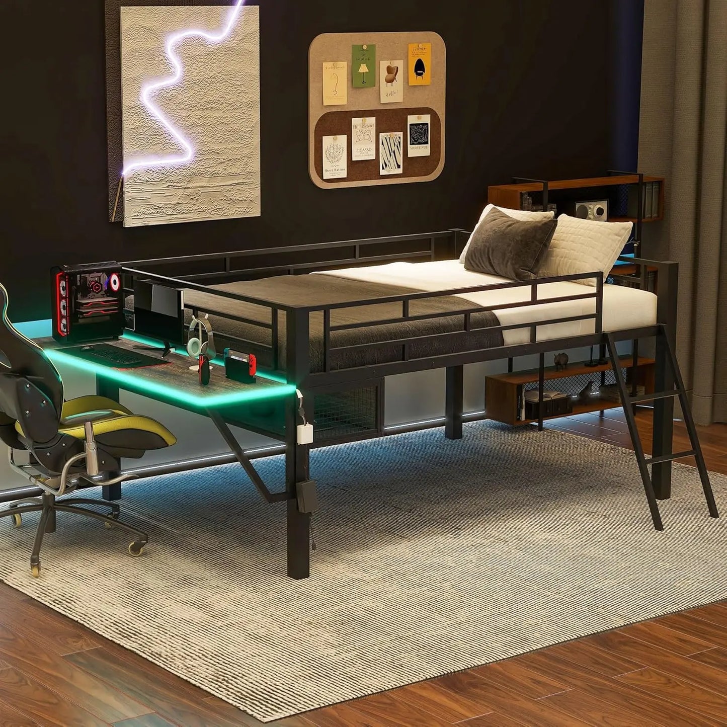 Wood Gaming Loft Bed With Desk Storage LED ChargingStation