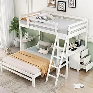 MKDK Solid Wood Bunk Bed With Desk And Storage System