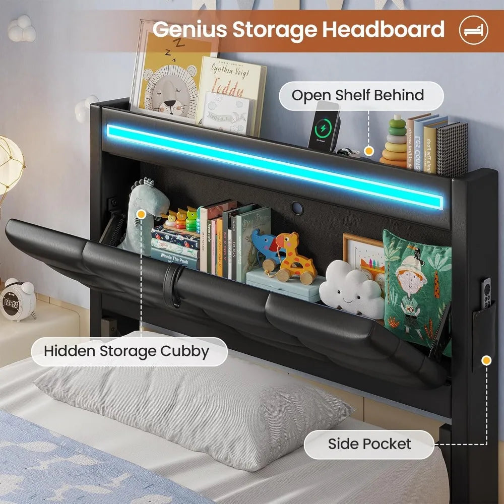 Adorneve Twin Bed Frame With Storage Headboard LED Charging