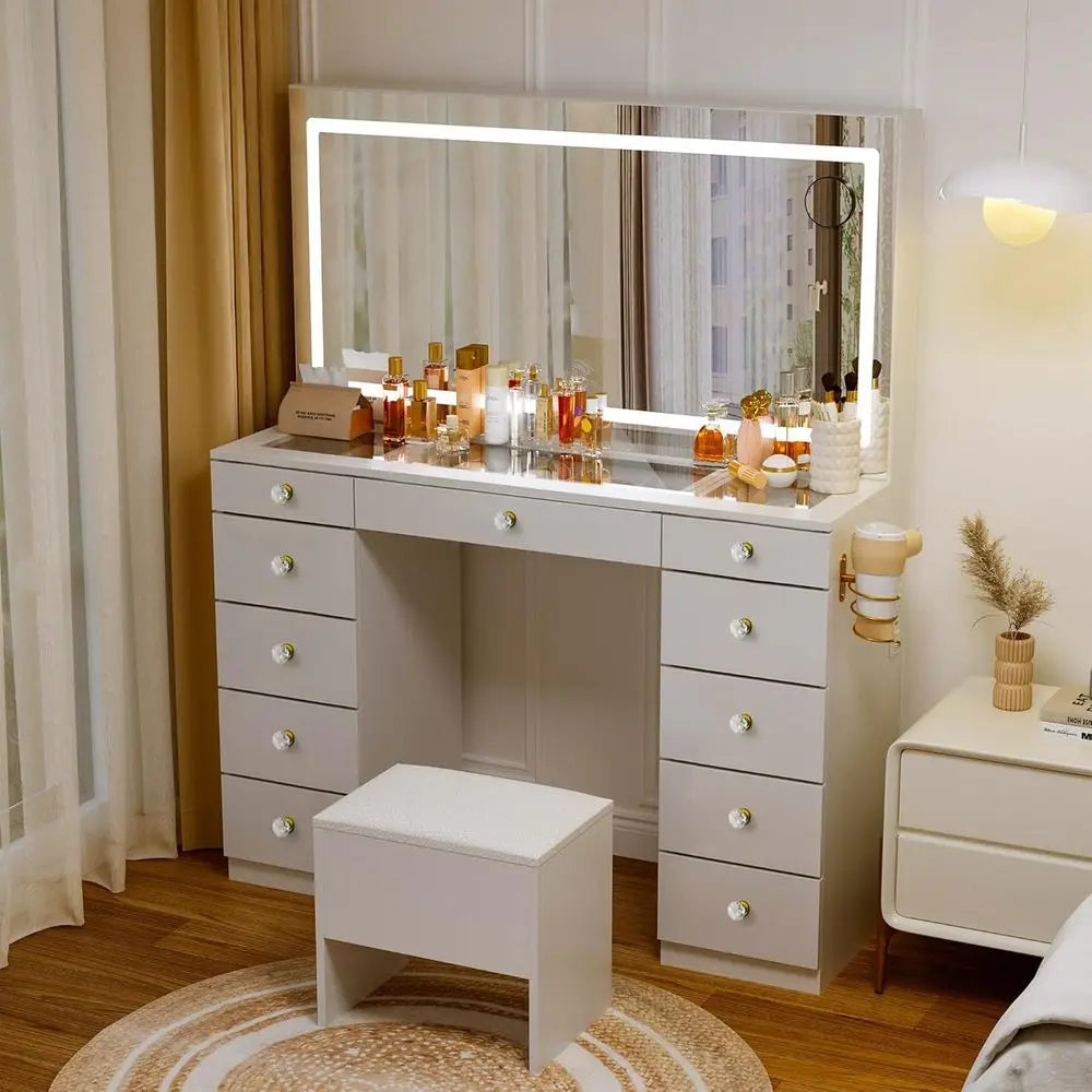 Glass Top Vanity Desk With Mirror And Built-In Lighting