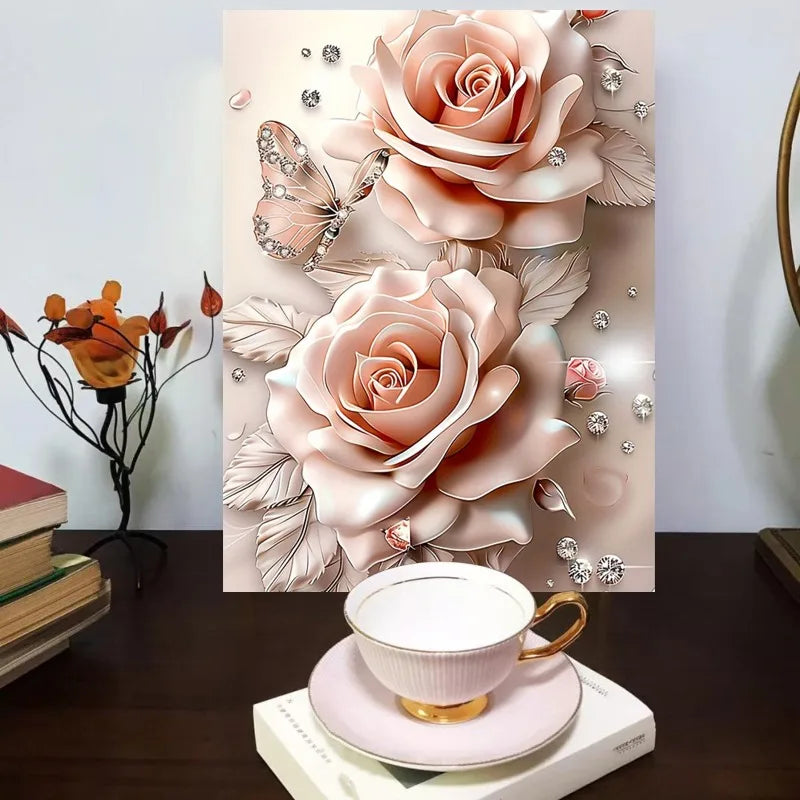 Dream Pink Rose Butterfly Diamond Canvas Wall Art for Home and Office Decor