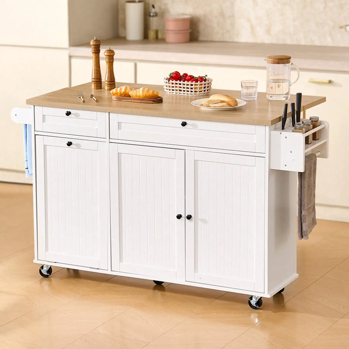 Kitchen Island Cart Featuring Solid Wood Top And Storage