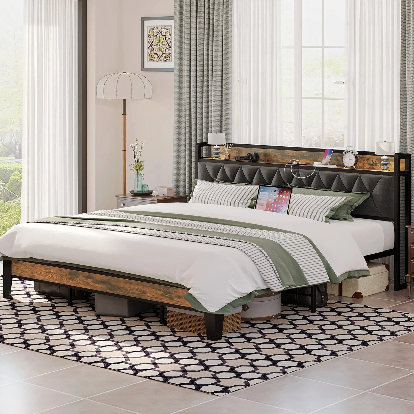 ANCTOR Storage Headboard Bed Frame With Outlets No Box Springs Needed