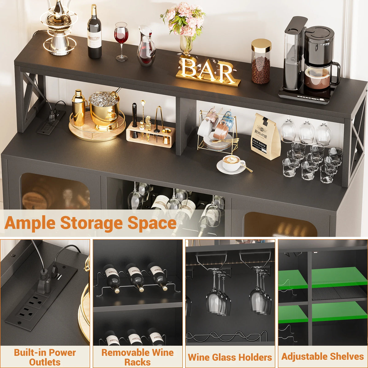 Aheaplus Bar Cabinet With LED Lights And Wine Storage