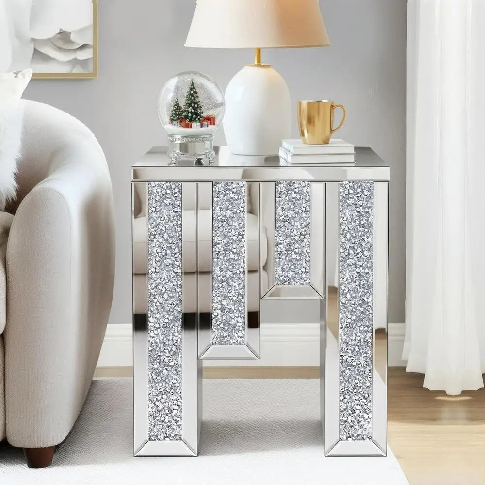 Crushed Diamond Mirrored Side Table With Crystal Inlay