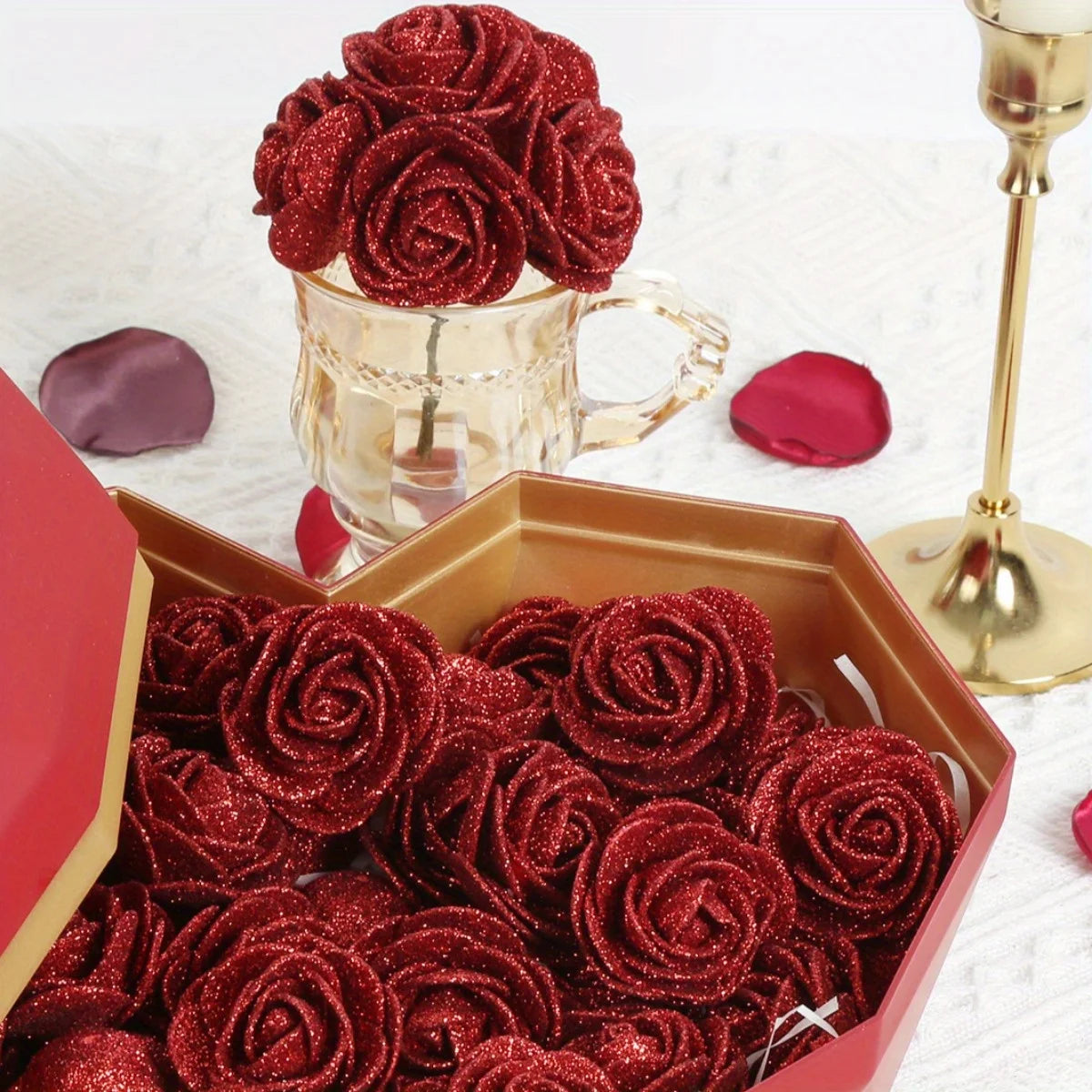 Artificial Rose Flowers Glitter Foam Roses With Stems Wedding