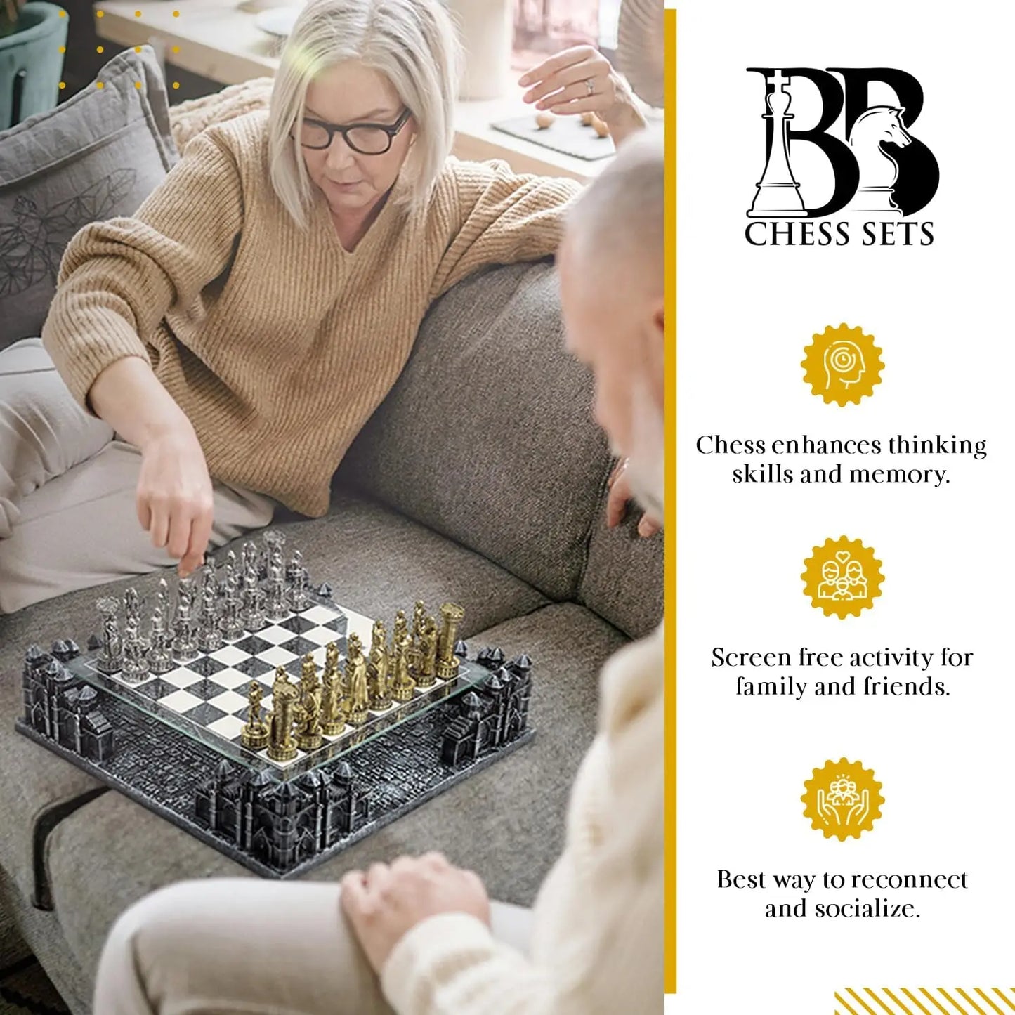 Renaissance Knight 3D Chess Set Glass Board Metal Pieces