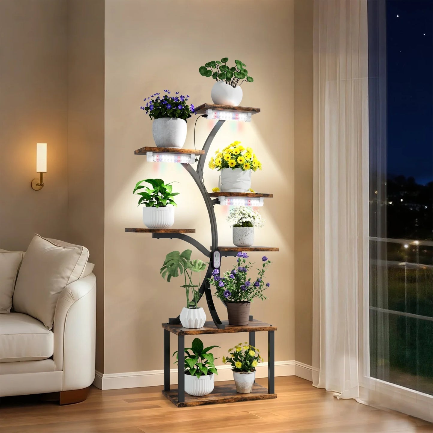 Metal 7 Tier Tree Shaped Plant Stand With Lights For Patio And Living Room