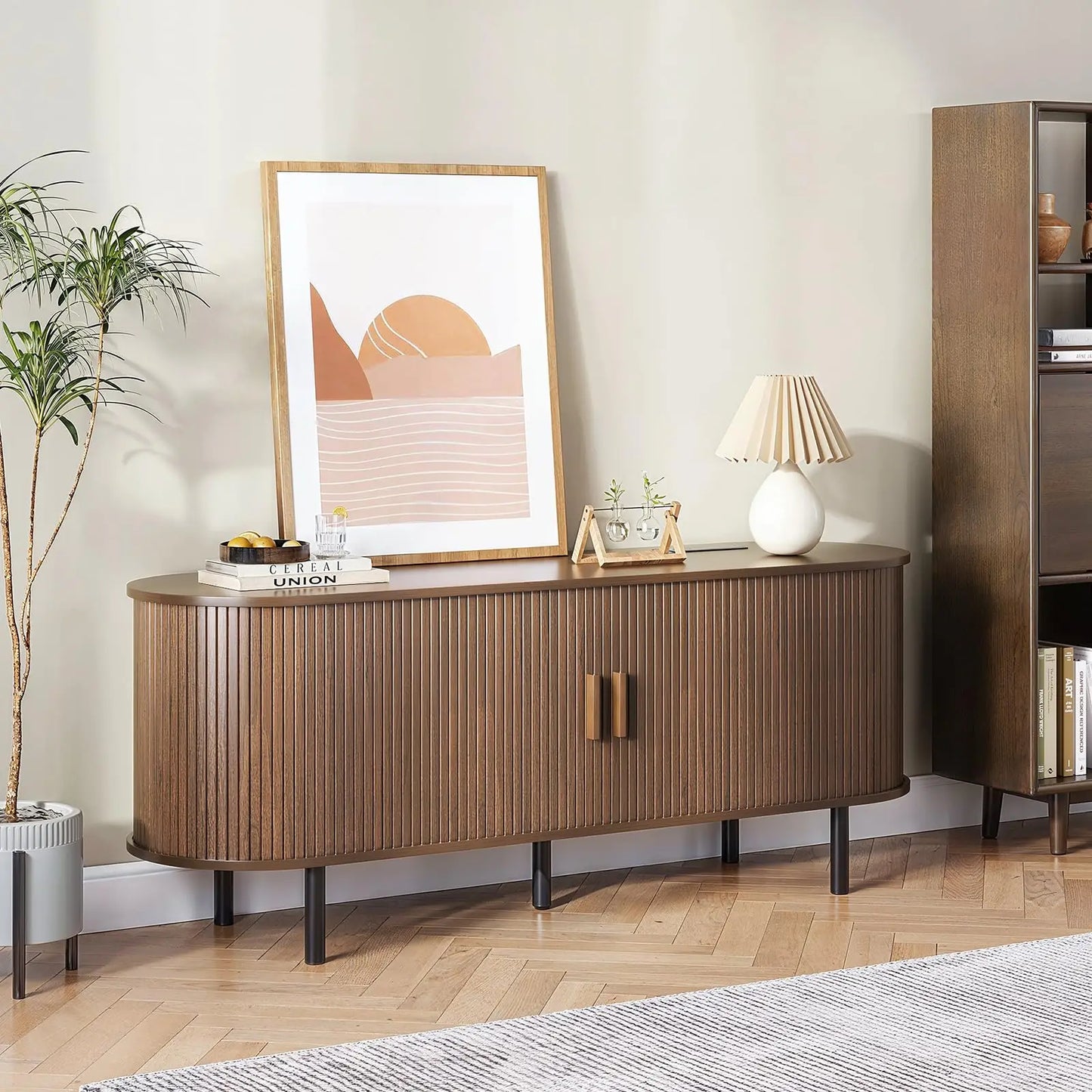 Onbrill TV Stand With Power Outlet And Sliding Doors